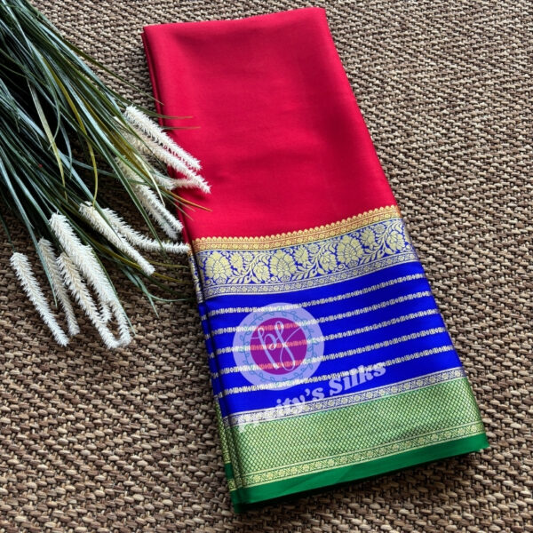 Pure Mysore Crepe Silk-Red with Royal blue -PY53400