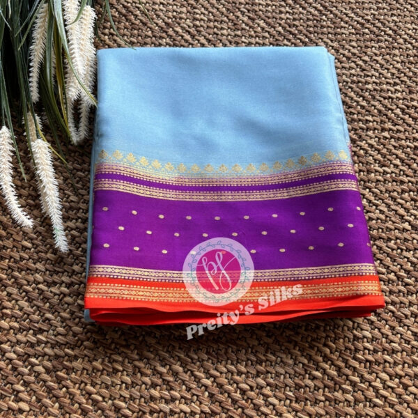 Pure Mysore Crepe Silk-Light powder blue with Purple -PY53257