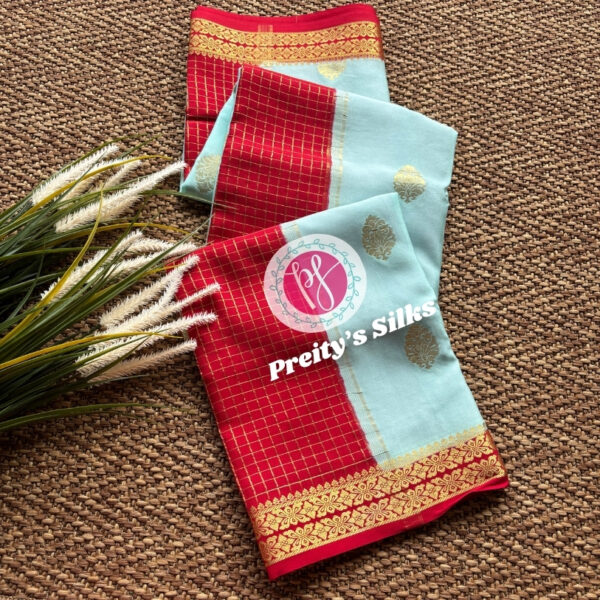 Pure Mysore Crepe Silk(Pattli pallu)-Light sky blue with red -PY37147