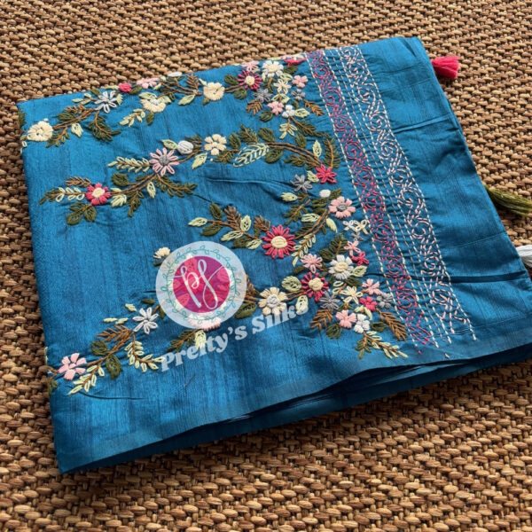 Tussar with Embroidery- Peacock blue – PY54105