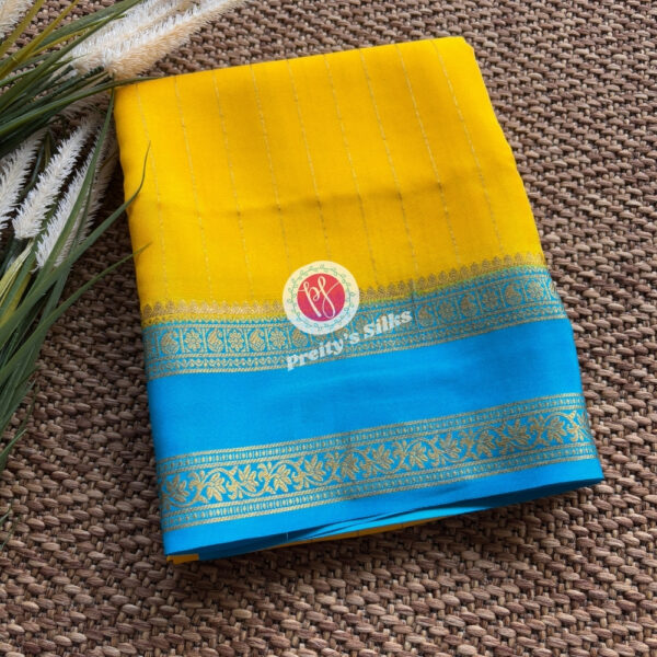 Pure Mysore Crepe Silk -Yellow with Sky Blue -PY60067