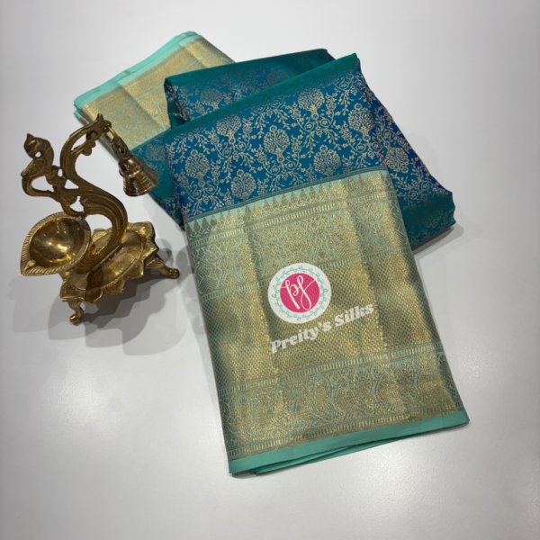 Pure Kanjeevaram Silk – Peacock Blue with Sea green-PY66595