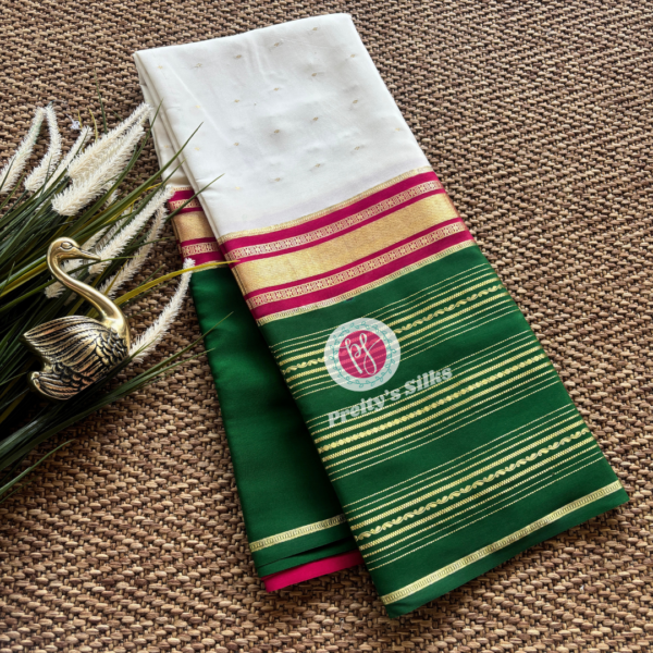 Pure Mysore crepe silk (3D)- Half white with green and pink-PY75507