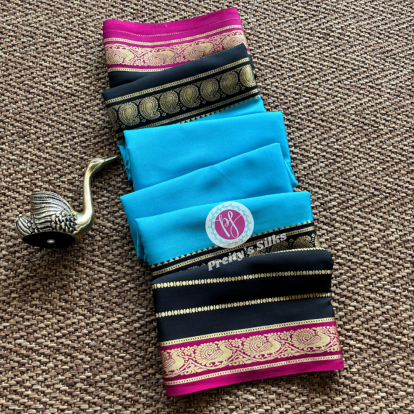 Pure Mysore crepe silk-sky blue with black and pink-PY75360