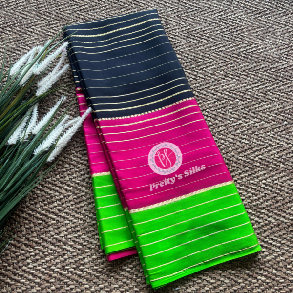 Pure Mysore crepe silk(3D)-Black pink and green- PY76309