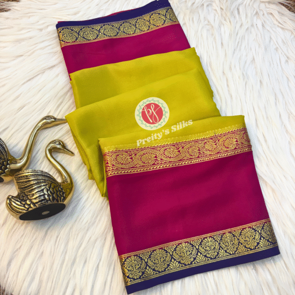 Pure Mysore crepe silk -Olive Green with Pink -PY00142