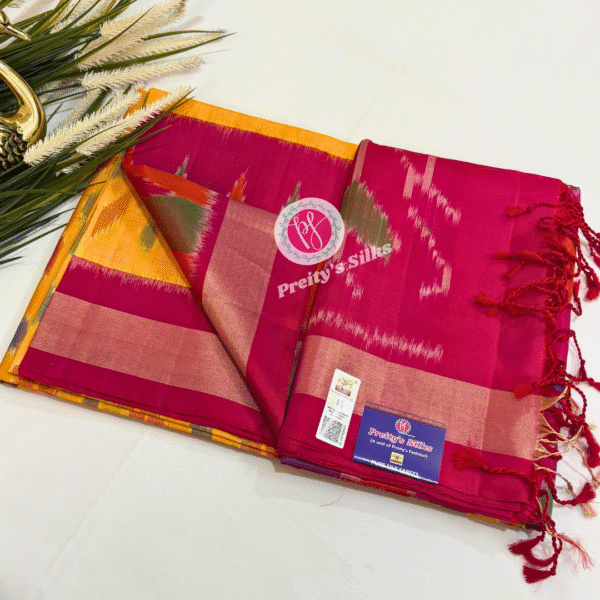 Pure Pochampally soft silk-Yellow with Pink -PY03785