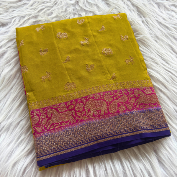 Pure Khaddi Banarasi crepe-Olive green,pink and blue -PY00085