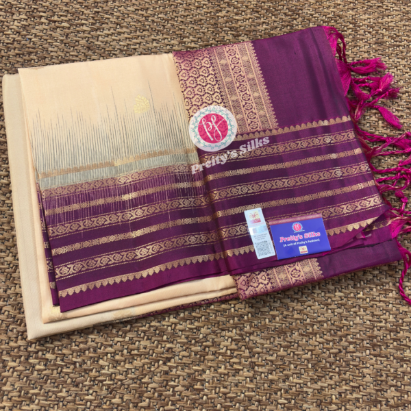 Pure Kanchipuram soft silk- Cream with Purple  -PY00218