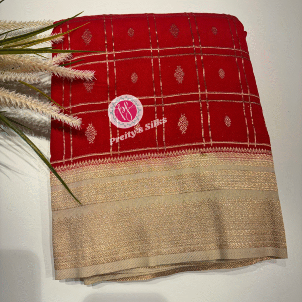 Crepe georgette saree -Red with creme -PF11325