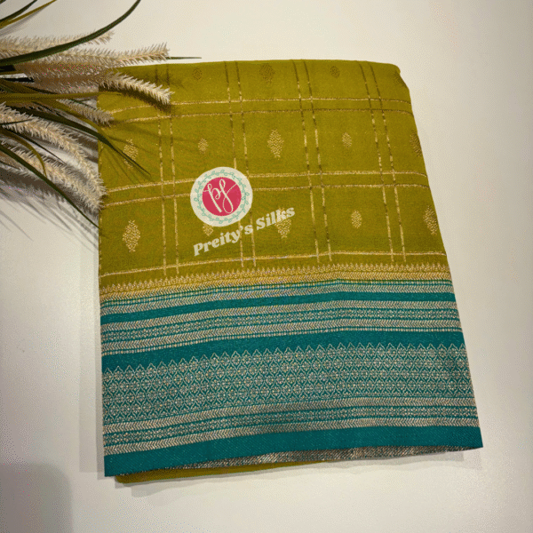 Crepe georgette saree -Olive green with seablue -PF11340