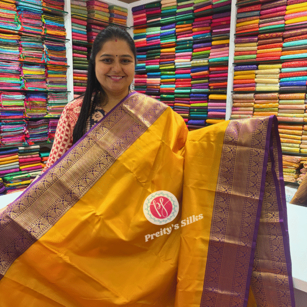 Powerloom kanchipurm silk saree -Yellow and Blue-PF12497