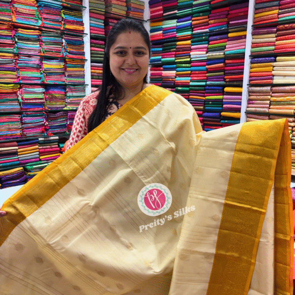 Powerloom kanchipurm silk saree -Creme and mustard yellow -PF12482