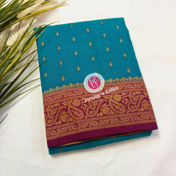 Semi Banarasi Crepe Silk -Rama Blue with Wine -PY05766