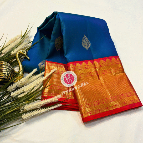 Pure Kanjeevaram silk -Peacock blue with Orangish red -PY07454