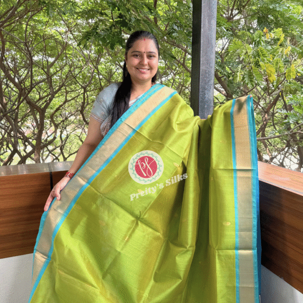 Pure Cotton Silk- Olive Green with Sky Blue -PF09716