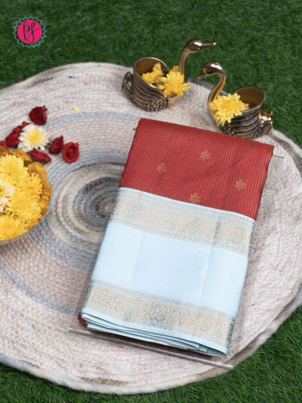 Pure Kanchipurm silk saree -Red and Sky blue-PF11652