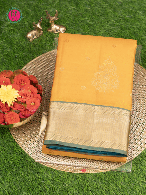 Pure Kanjeevaram silk -Mustard yellow and peacockblue  -PF14729