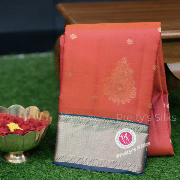 Pure Kanjeevaram silk -Orangishpink and peacockblue  -PF14738