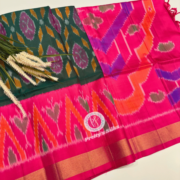 Pure Ikkat Pochampally silk saree-  Darkgreen and Pink -PF02667