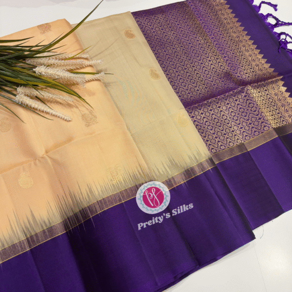 Pure Kanchipuram soft silk saree -Creme with blue -PF13569