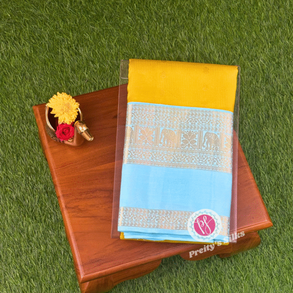 Pure Kanjeevaram silk -Yellow with Skyblue-PF11658